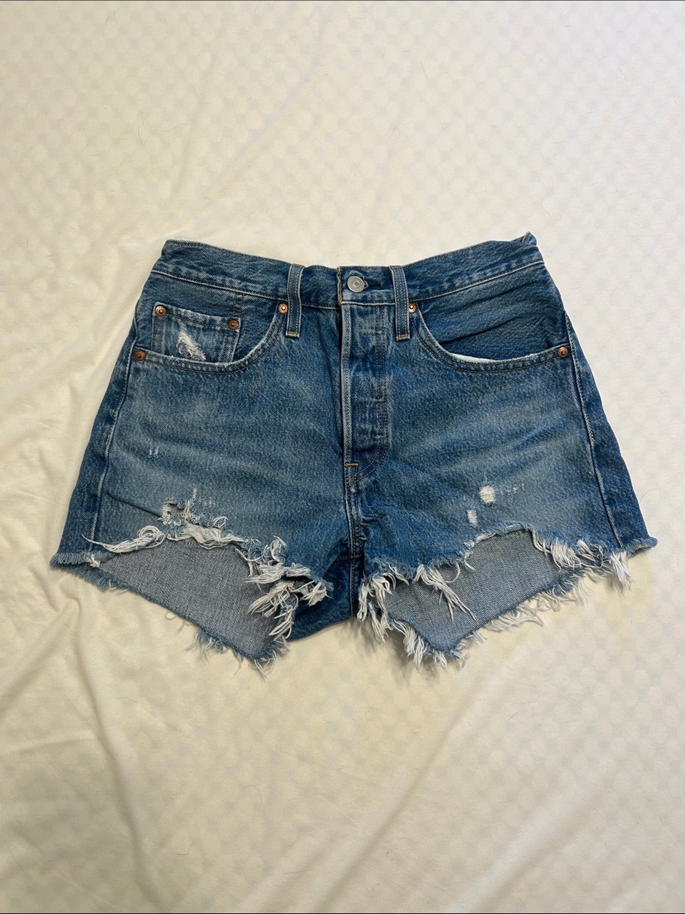 Levi’s High Rise Distressed Blue Denim Jean Shorts